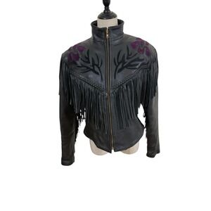 Vtg 80s 90s Highway 1 Women's Leather Moto Jacket Sz L Fringe Floral Biker